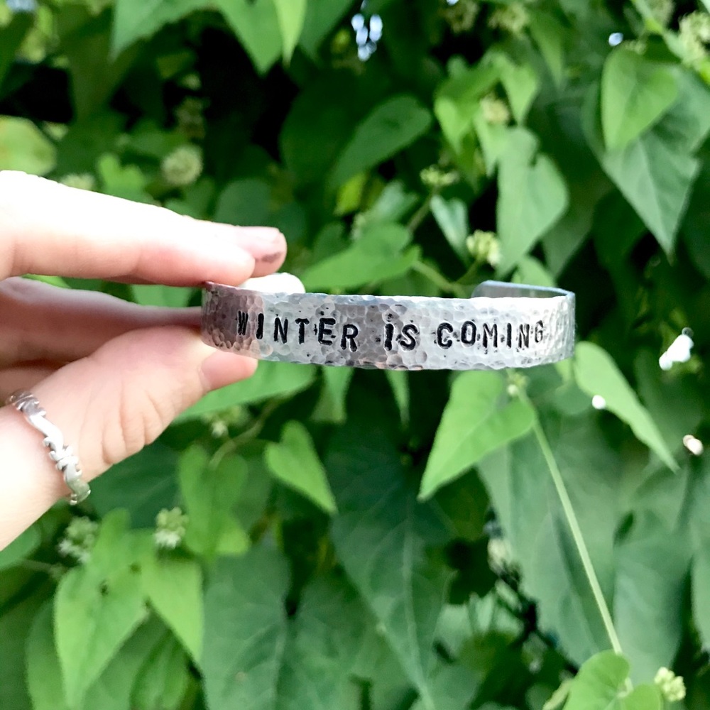 Hand stamped adjustable hammered metal bracelet